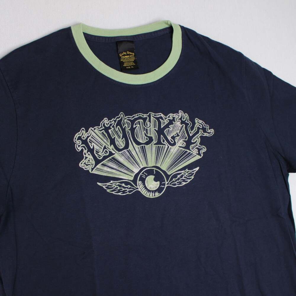 Vintage Lucky Brand Ringer T-Shirt Classic Fit Made in USA Mens XL Navy Y2K Logo